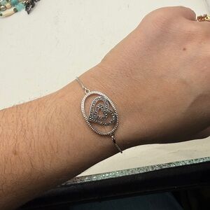 IBB CN Heart Silver Tone Rhinestone Adjustable Pull Chain Bracelet Dainty Tennis